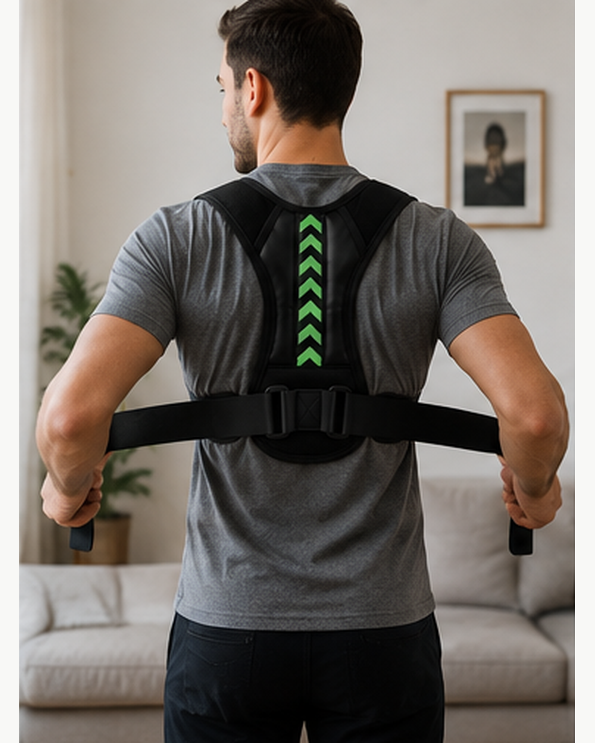 Posture corrector worn and adjusted over the shoulders, green